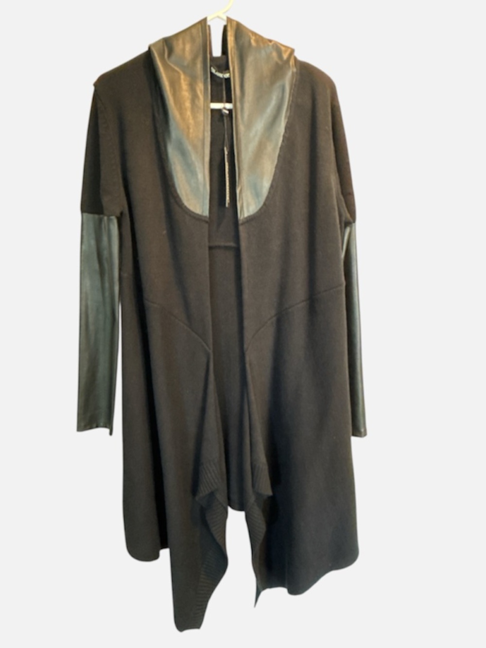 Blank NYC Black Draped Trench Coat with Faux-Leather Hood & Sleeves